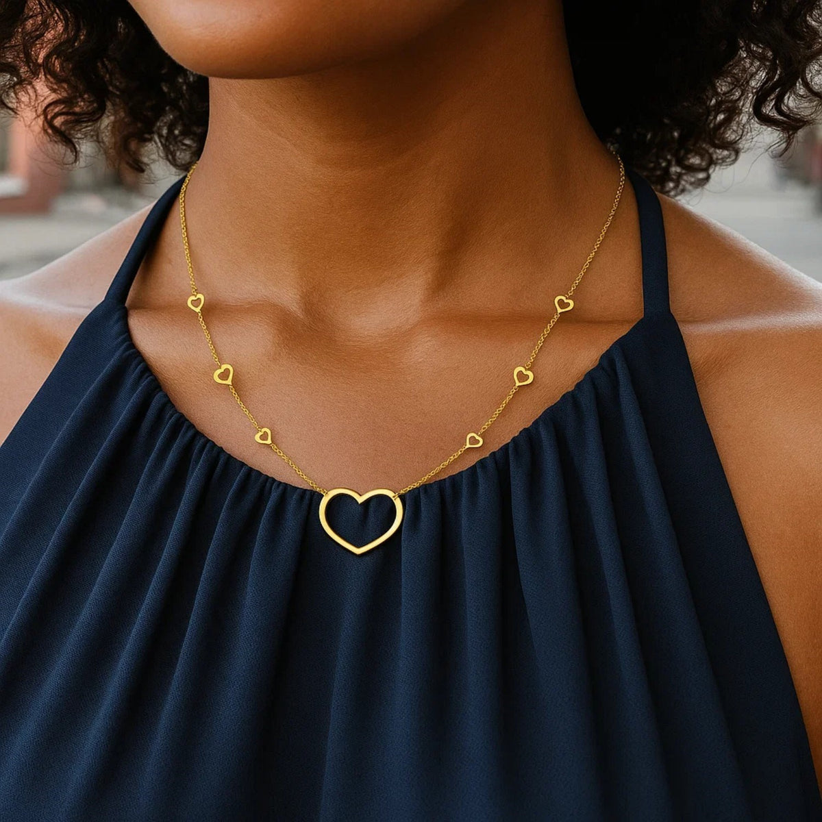 Open Heart Station Necklace in 14K Yellow Gold, worn