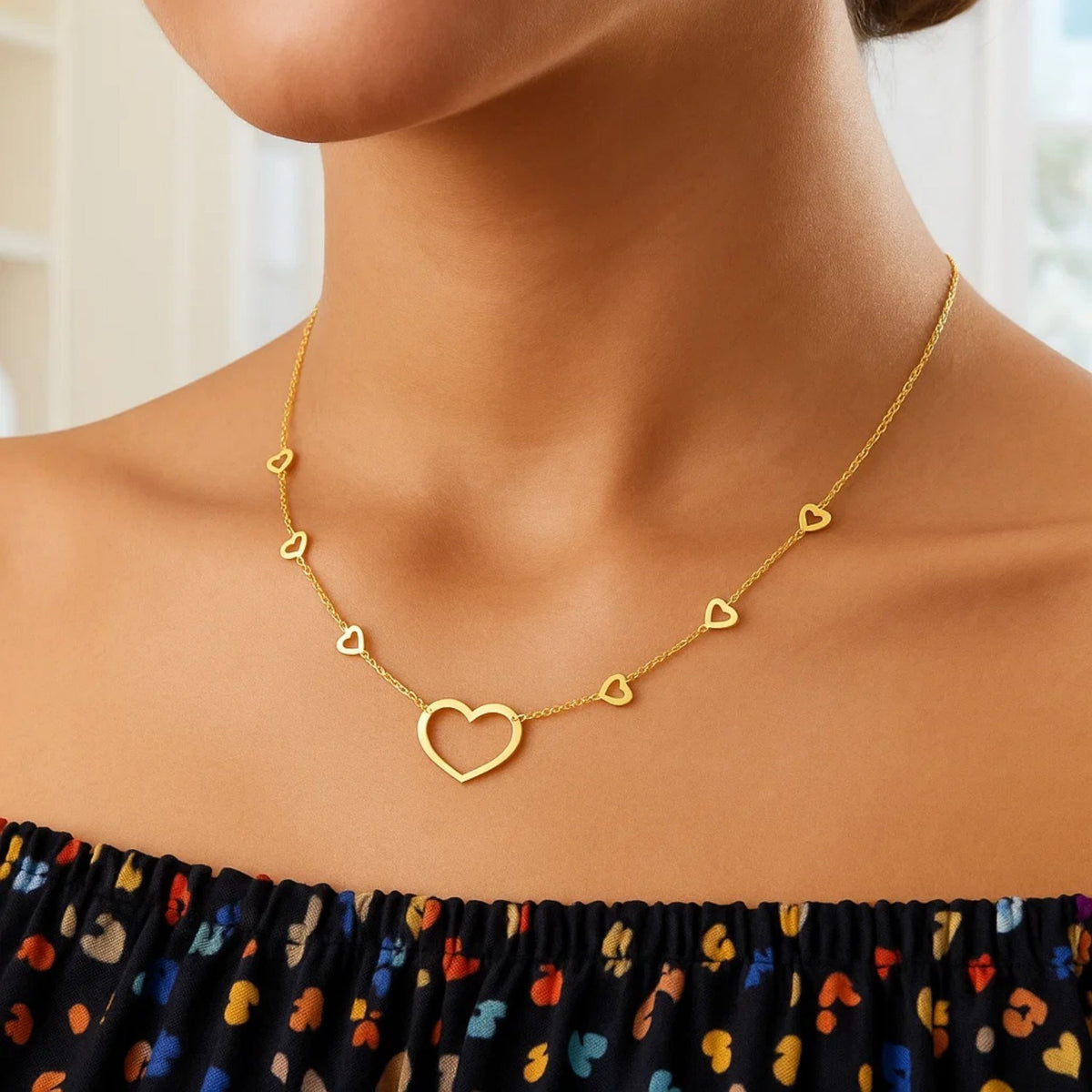 Open Heart Station Necklace in 14K Yellow Gold, worn