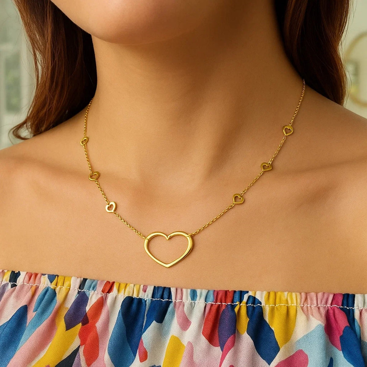 Open Heart Station Necklace in 14K Yellow Gold, worn