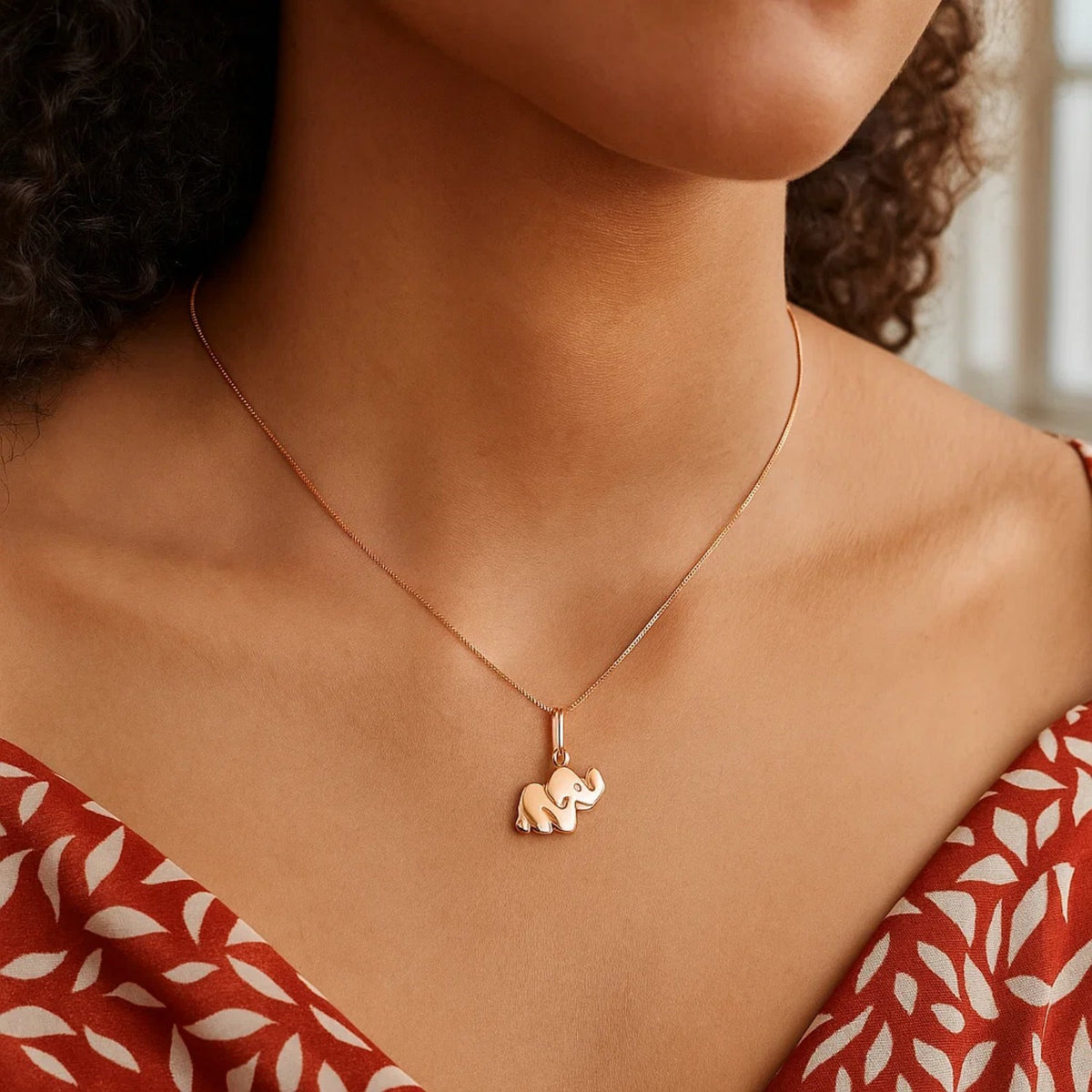 Elephant Pendant Necklace in 10K Rose Gold, worn