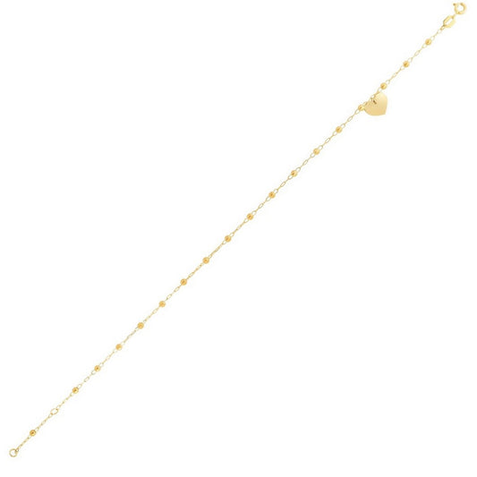 Dangle Heart & Bead Station Anklet in 14K Yellow Gold