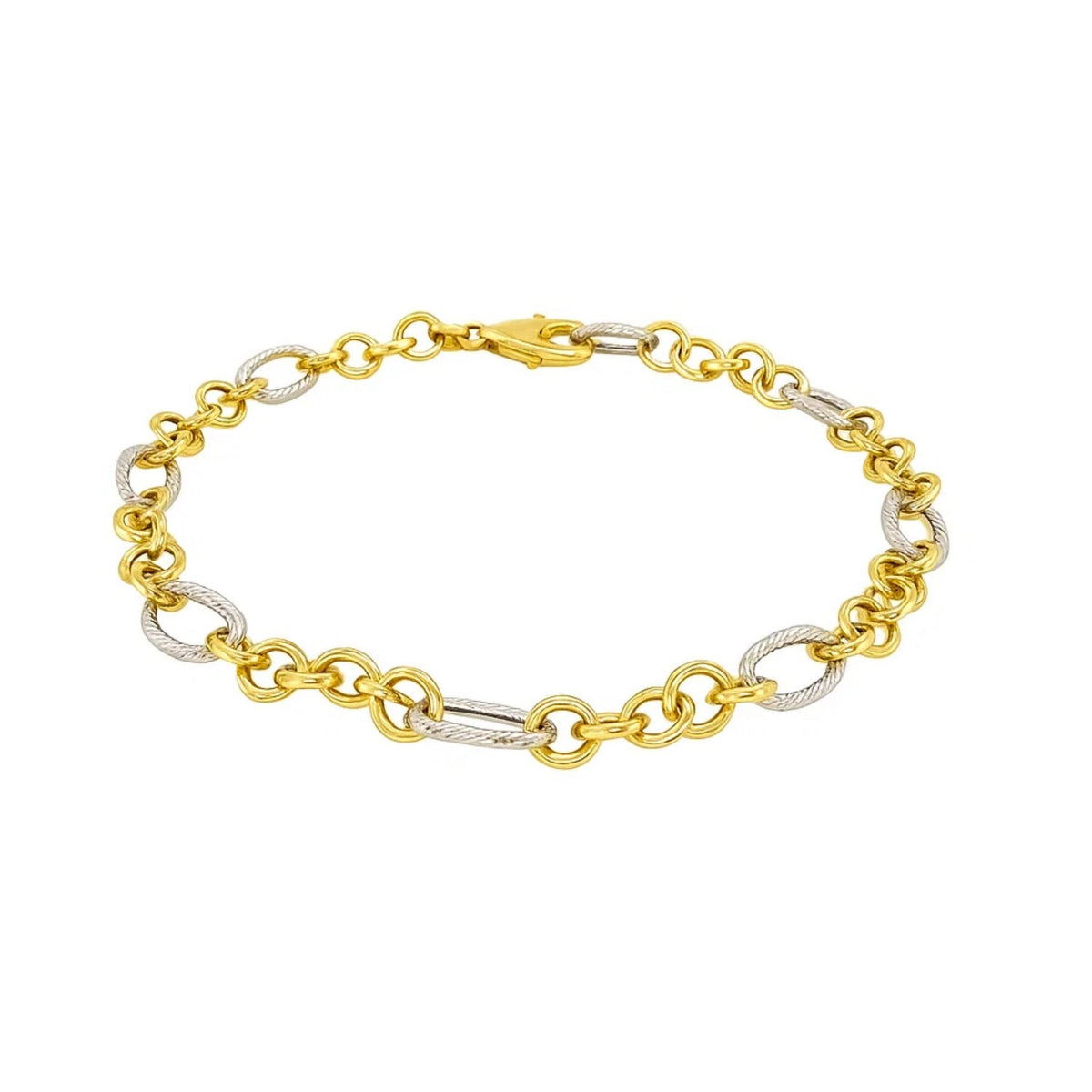 Rope Texture Oval and Round Link Bracelet in 14K Two-Tone Gold