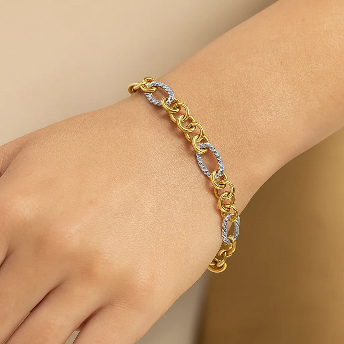 Rope Texture Oval and Round Link Bracelet in 14K Two-Tone Gold, worn