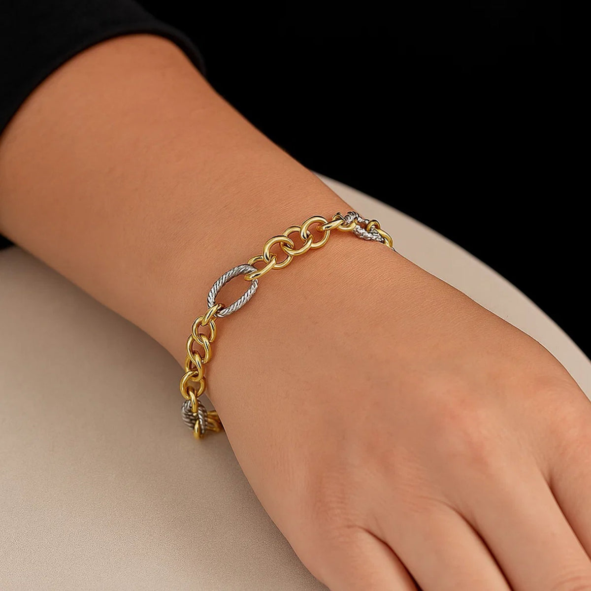 Rope Texture Oval and Round Link Bracelet in 14K Two-Tone Gold, worn