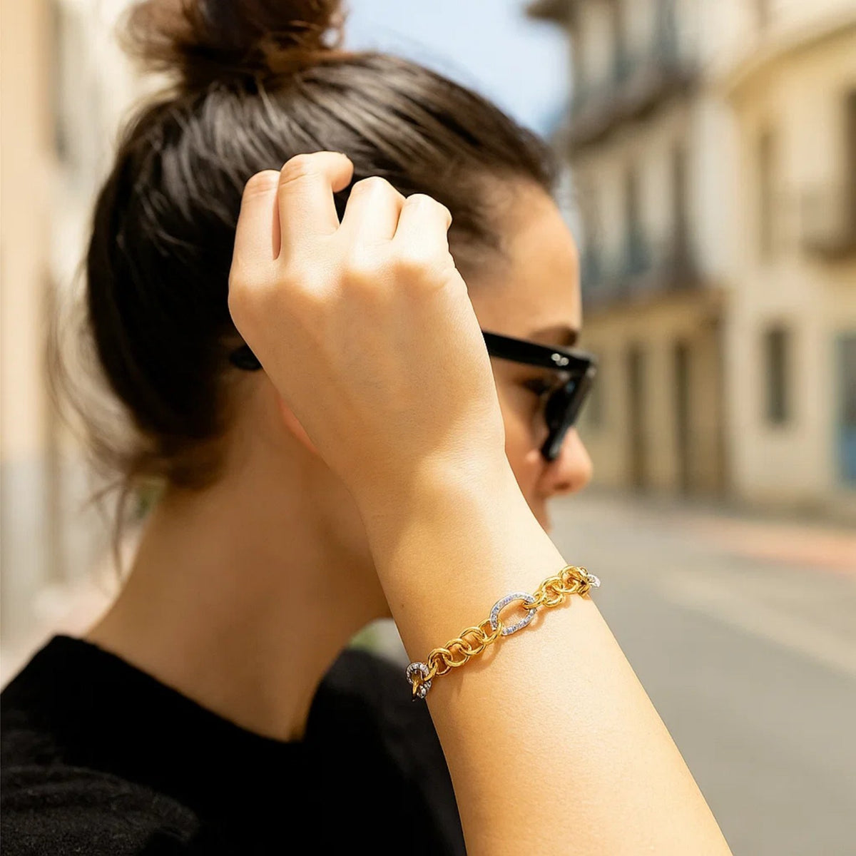 Rope Texture Oval and Round Link Bracelet in 14K Two-Tone Gold, worn