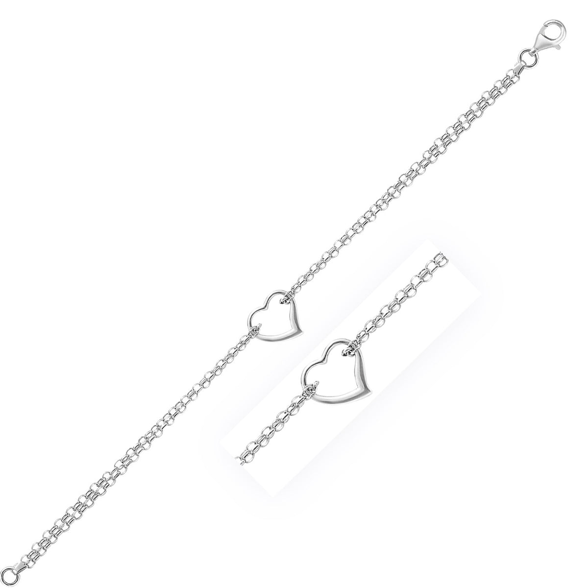 Cable Chain Anklet with Open Heart Station in 14K White Gold