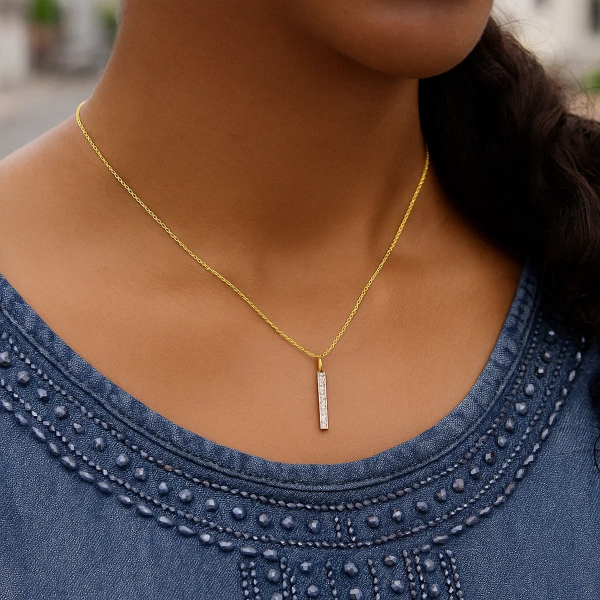 Vertical Diamond Bar Pendant Necklace in 14K Yellow Gold, worn