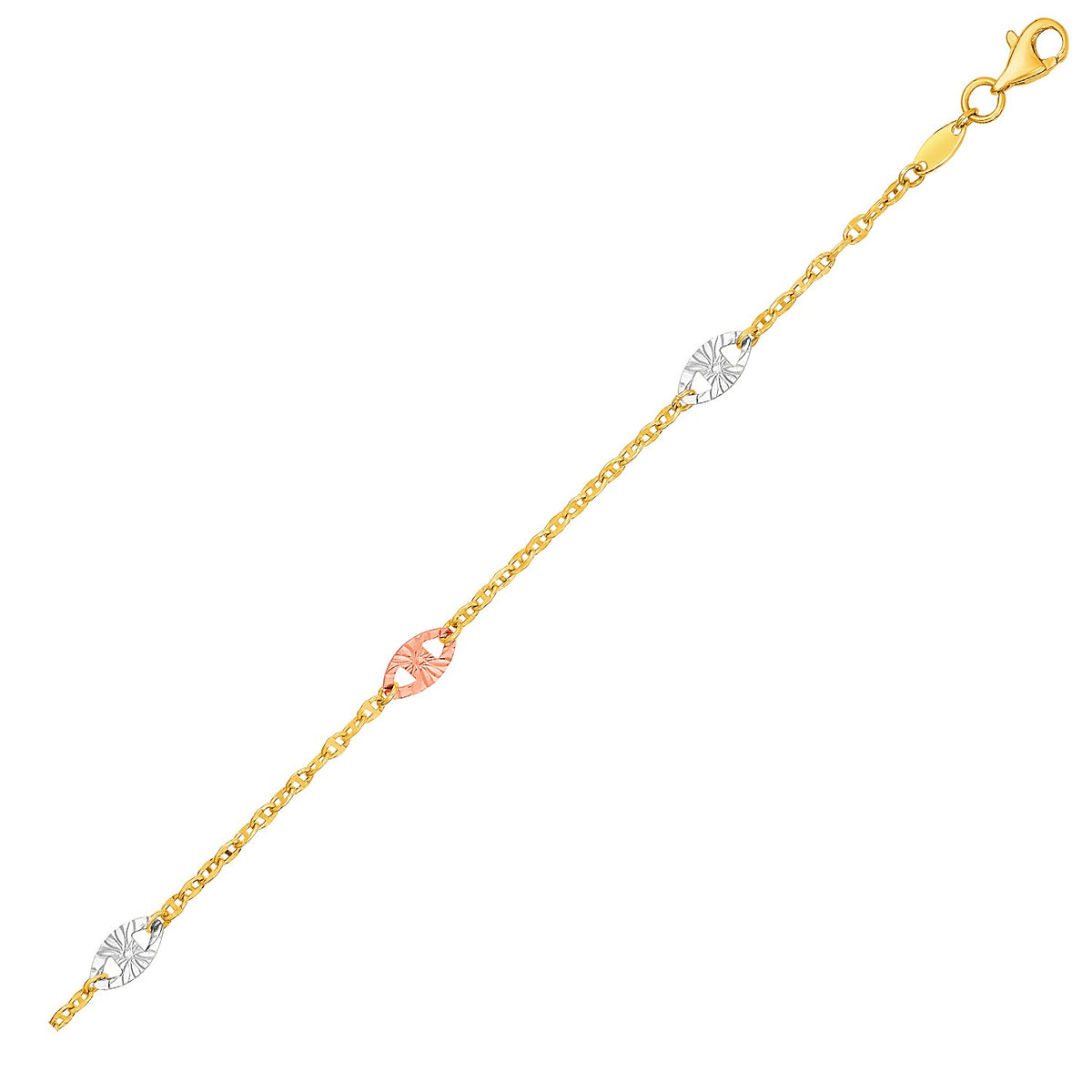 Textured Oval Anklet in 14K Three-Tone Yellow White Rose Gold