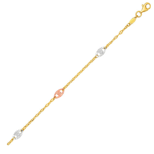 Textured Oval Anklet in 14K Three-Tone Yellow White Rose Gold