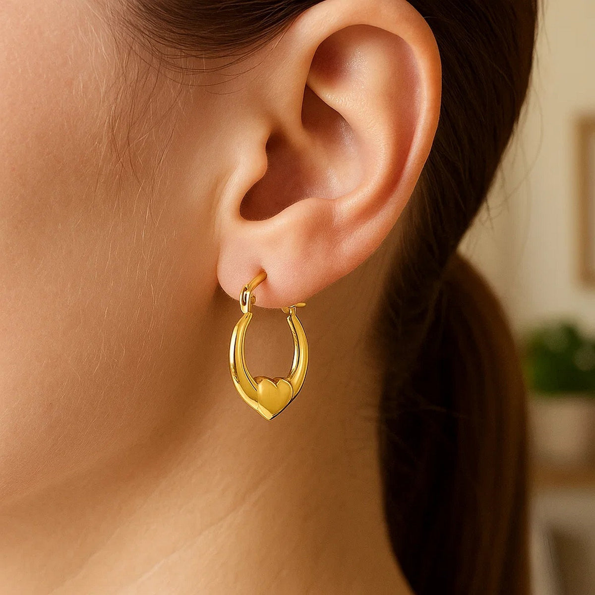 Small Heart Accent Hoop Earrings in 14K Yellow Gold, worn
