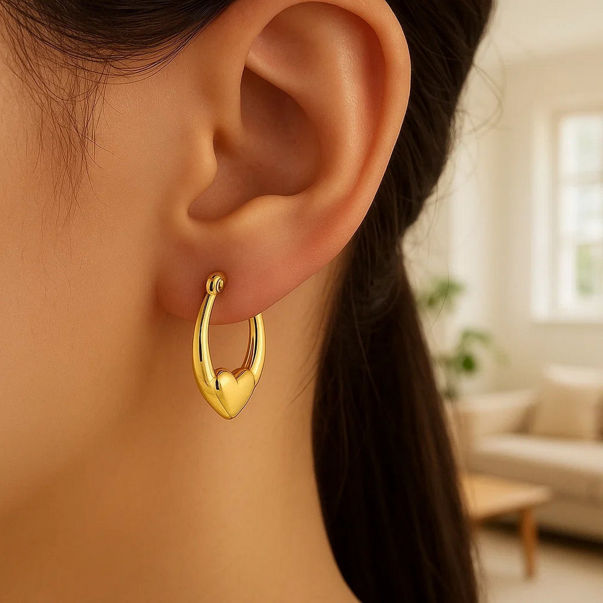 Small Heart Accent Hoop Earrings in 14K Yellow Gold, worn