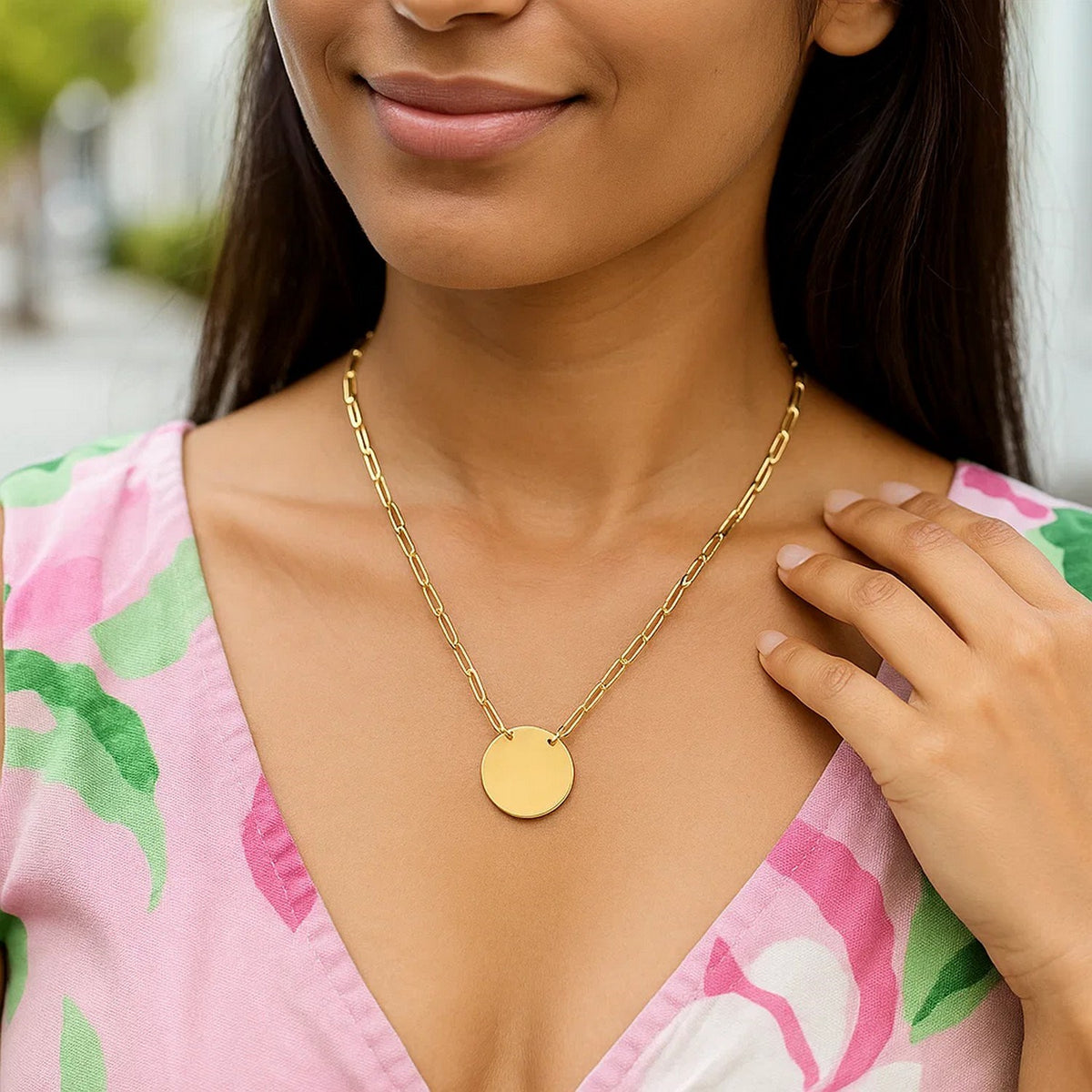 Polished Disc Paperclip Chain Necklace in 14K Yellow Gold, worn