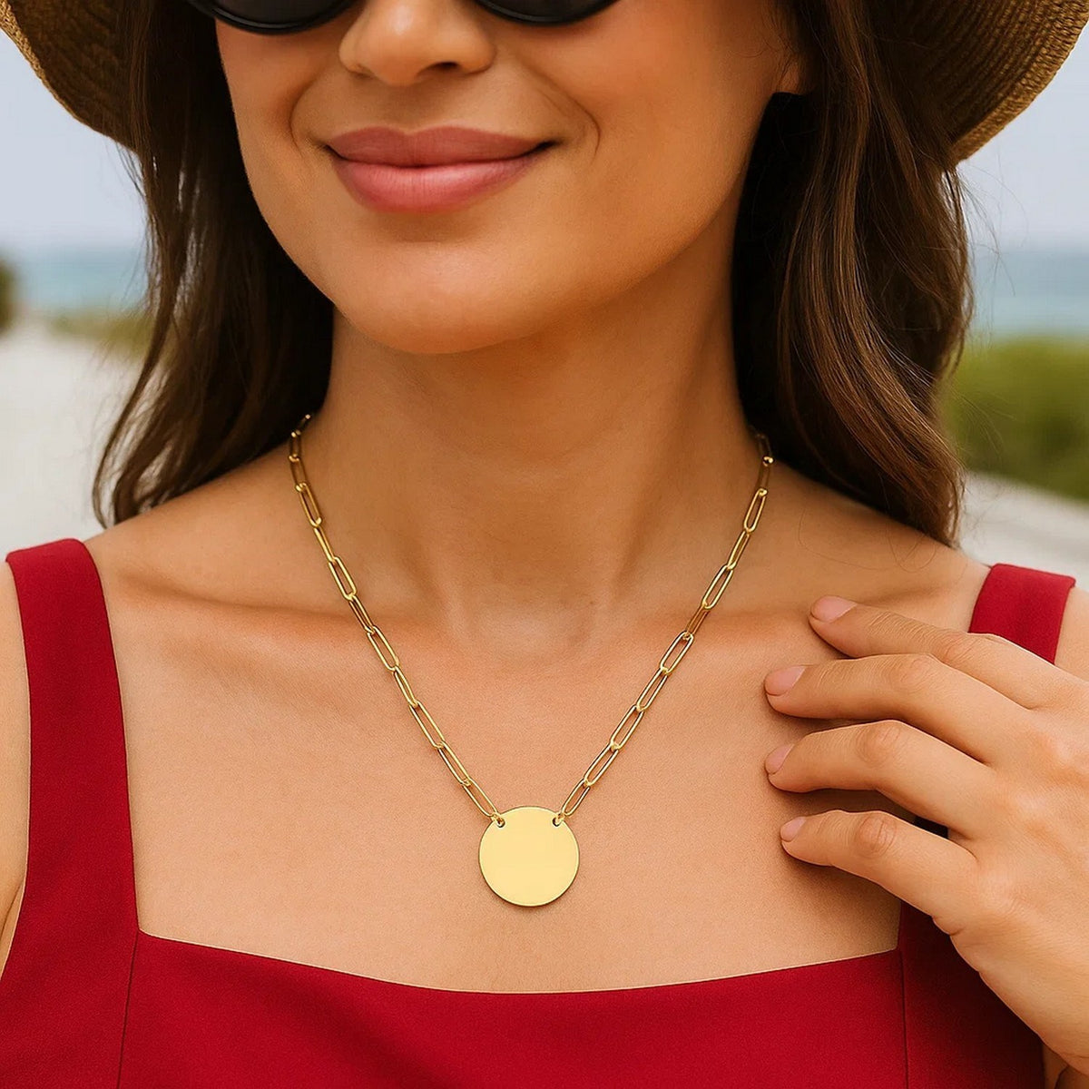 Polished Disc Paperclip Chain Necklace in 14K Yellow Gold, worn