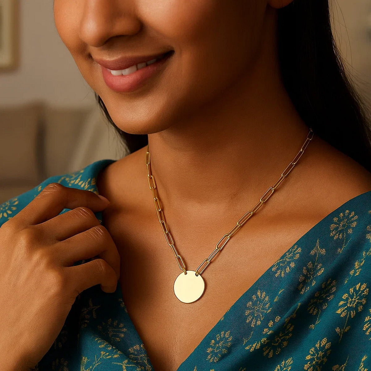 Polished Disc Paperclip Chain Necklace in 14K Yellow Gold, worn