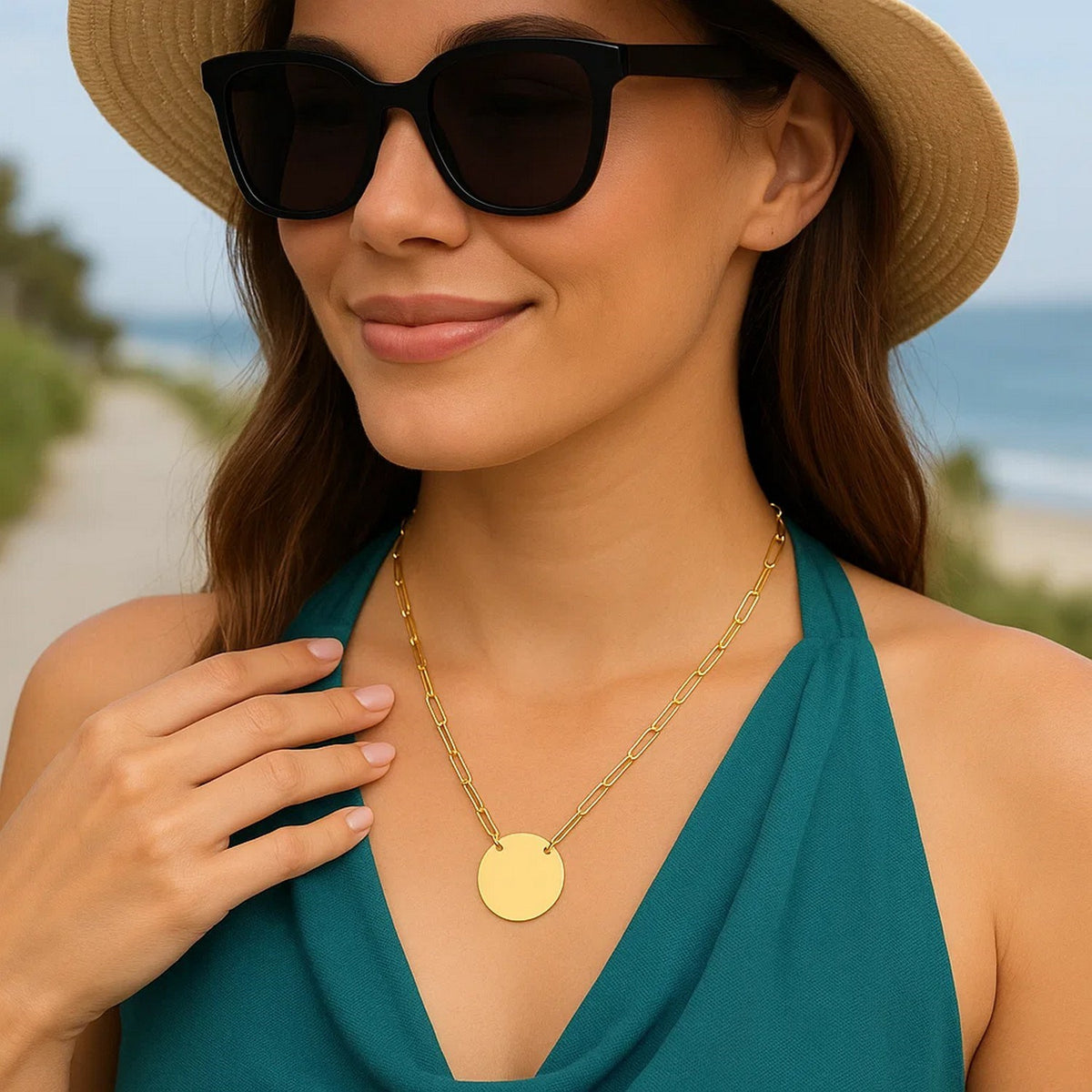Polished Disc Paperclip Chain Necklace in 14K Yellow Gold, worn