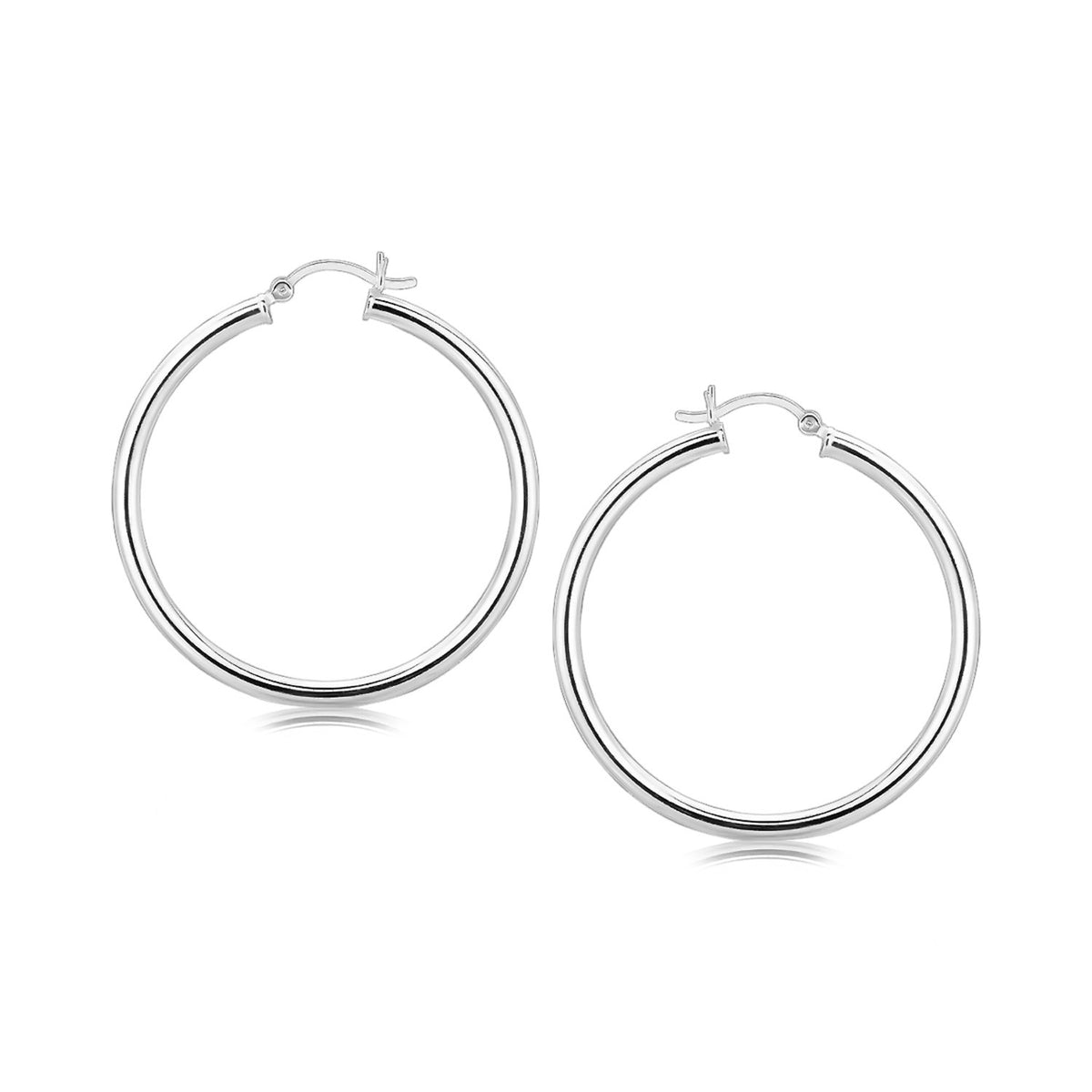 Large Polished Classic Hoop Earrings in Rhodium-Plated Sterling Silver (3x40mm)