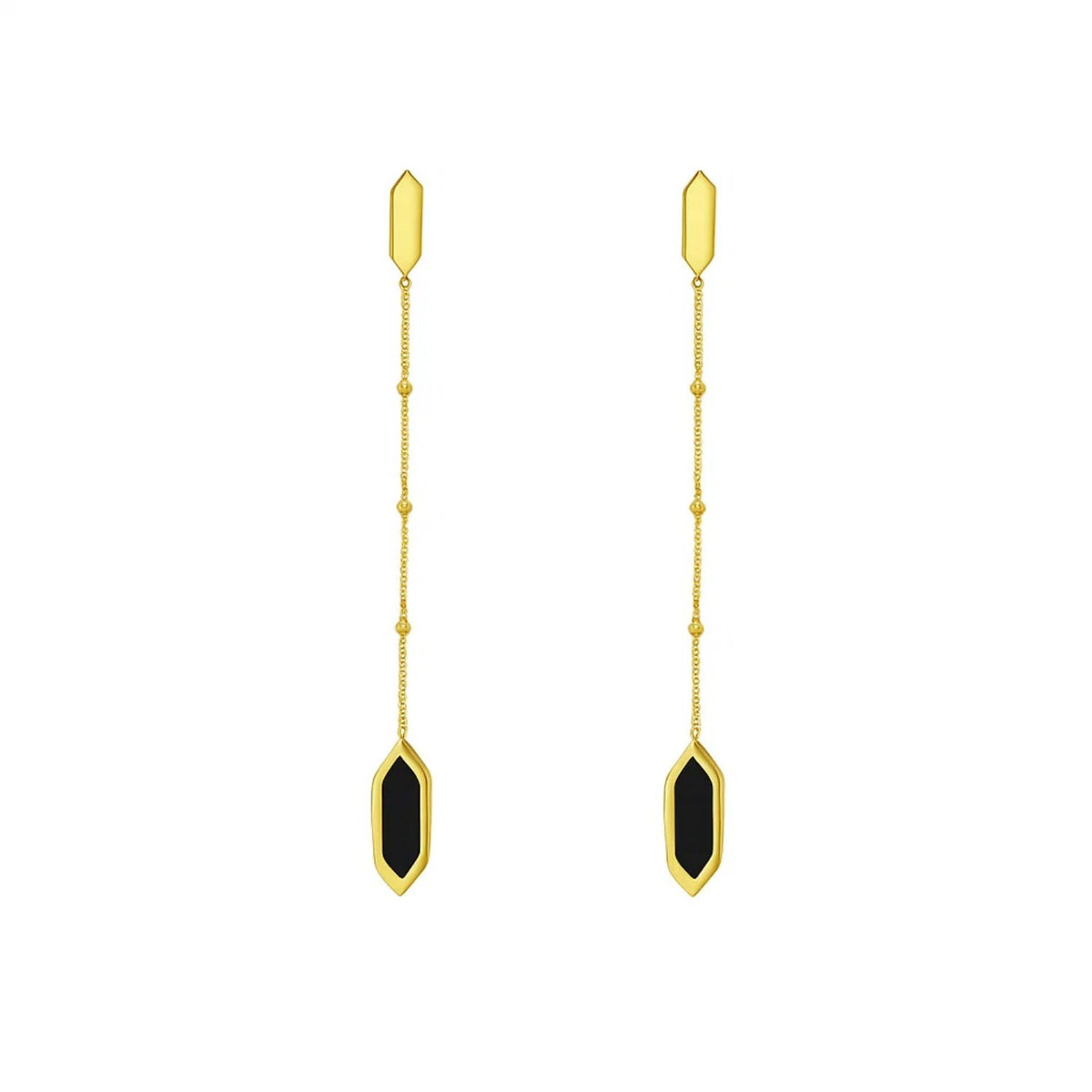 Hexagon Black Onyx Chain Drop Earrings in 14K Yellow Gold