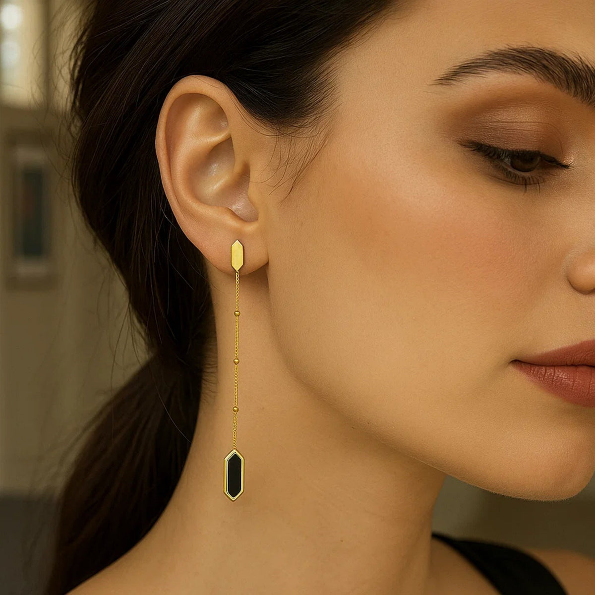 Hexagon Black Onyx Chain Drop Earrings in 14K Yellow Gold, worn