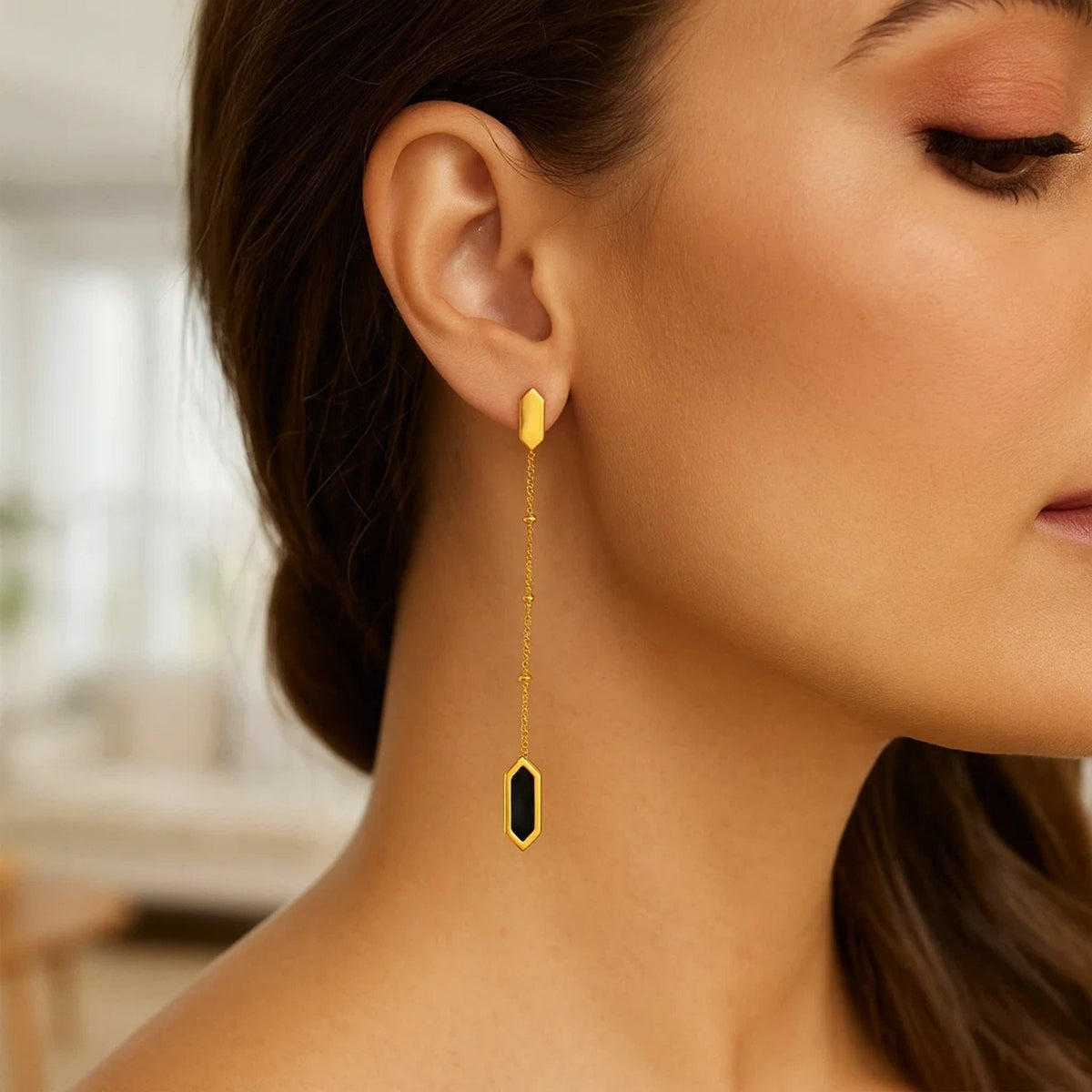 Hexagon Black Onyx Chain Drop Earrings in 14K Yellow Gold, worn