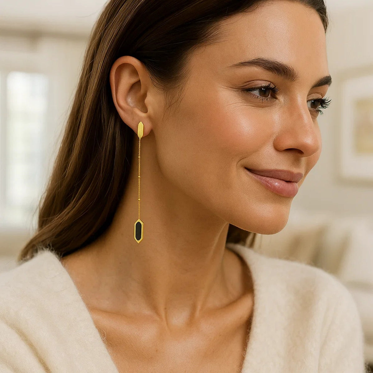 Hexagon Black Onyx Chain Drop Earrings in 14K Yellow Gold, worn