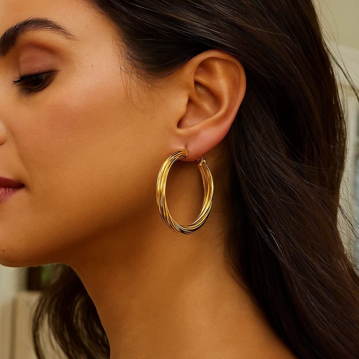Large Twisted Hoop Earrings in 14K Yellow Gold, worn