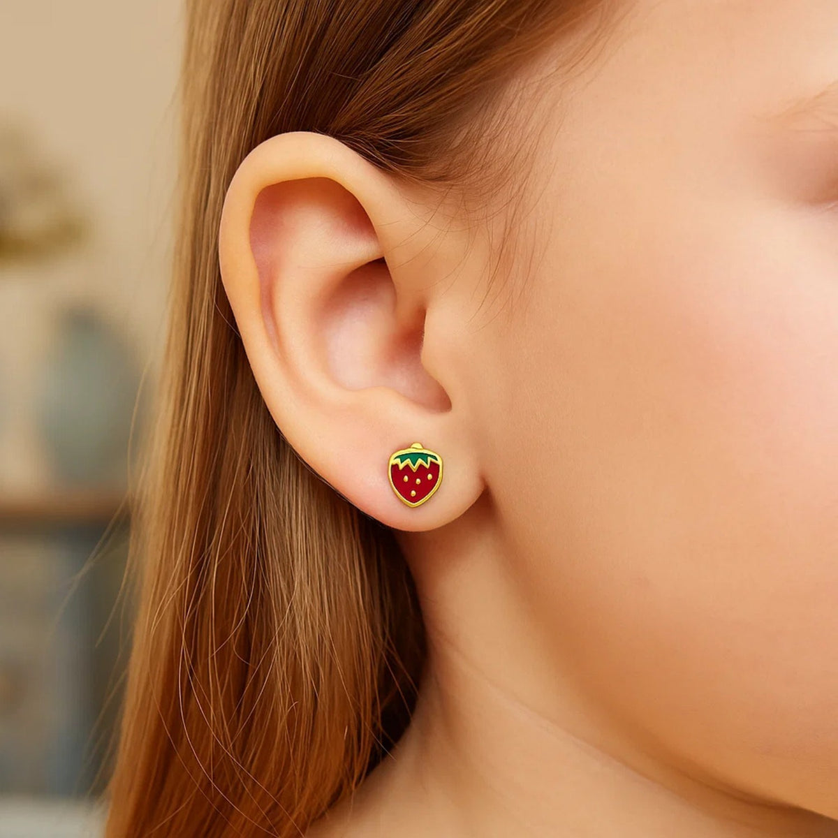 Children's Enamel Strawberry Stud Earrings in 14K Yellow Gold (5.60 mm)
