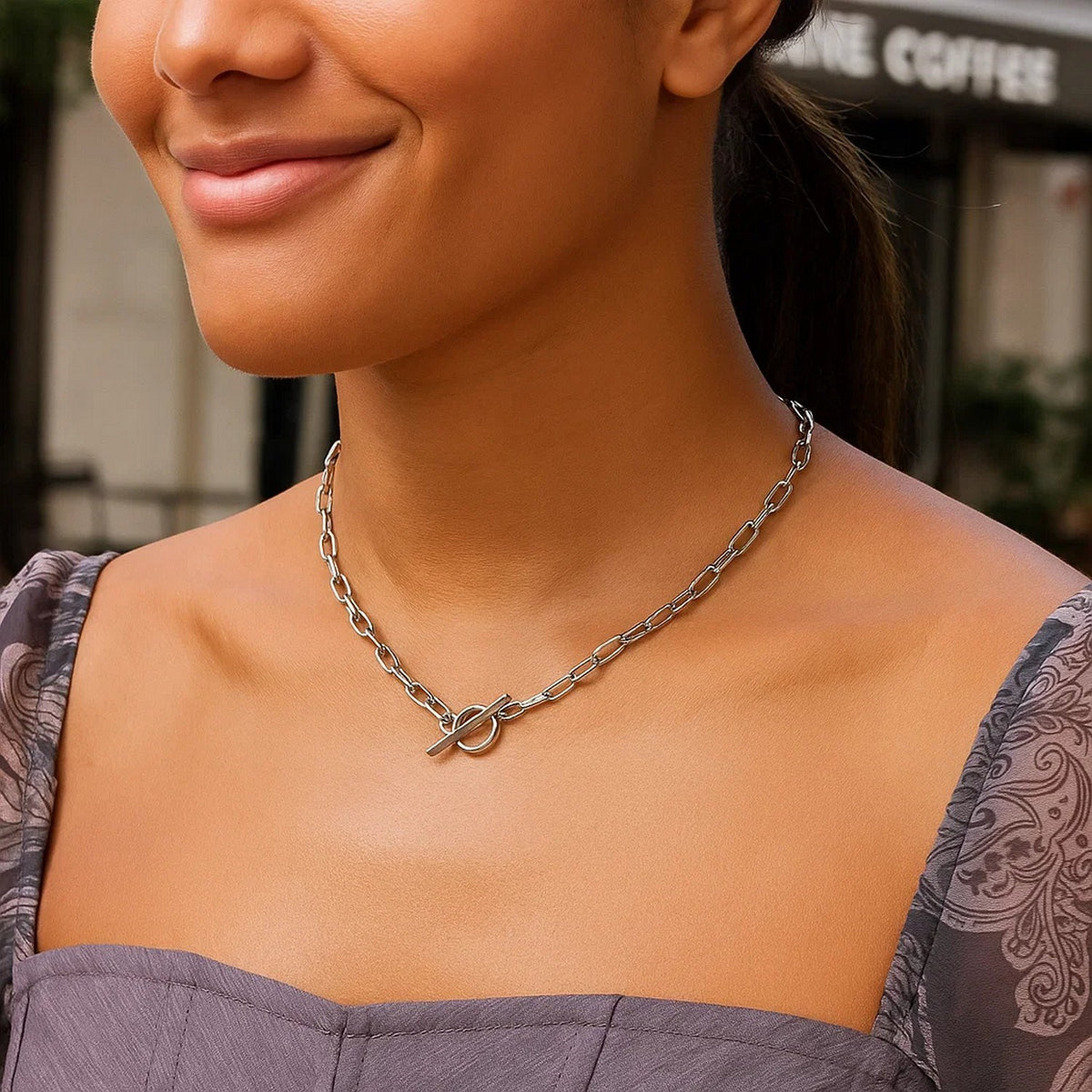 Paperclip Toggle Necklace in Rhodium-Plated Sterling Silver