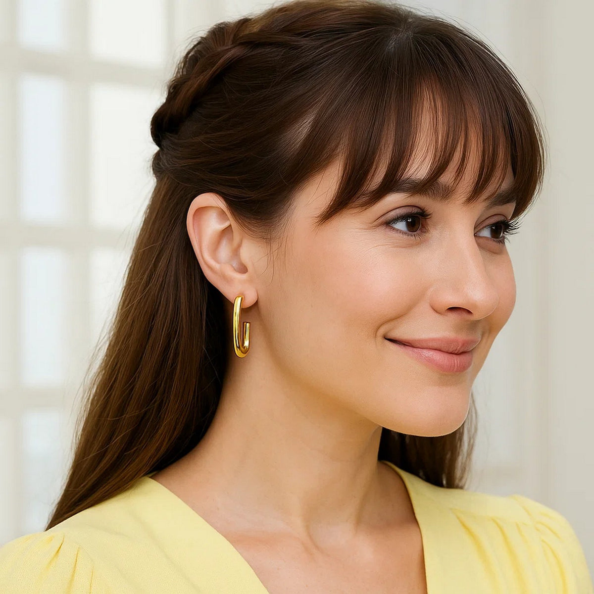 Paperclip J-Hoop Earrings in 14K Yellow Gold, worn