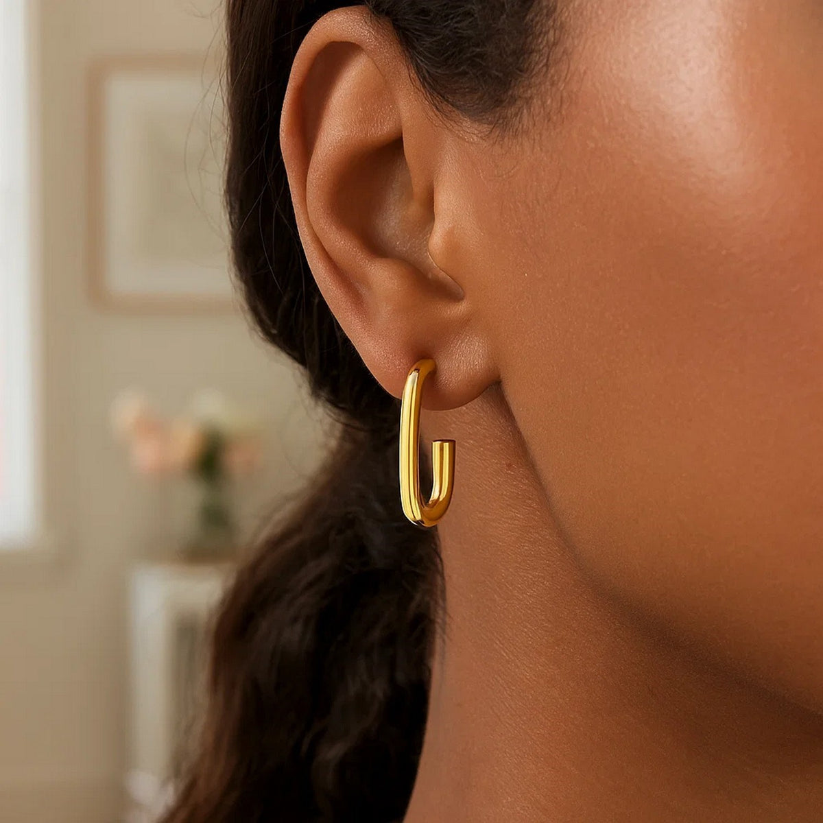Paperclip J-Hoop Earrings in 14K Yellow Gold, worn
