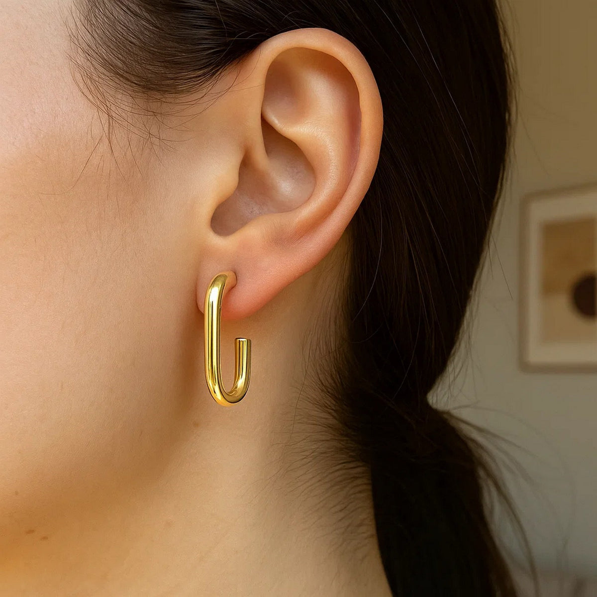 Paperclip J-Hoop Earrings in 14K Yellow Gold, worn