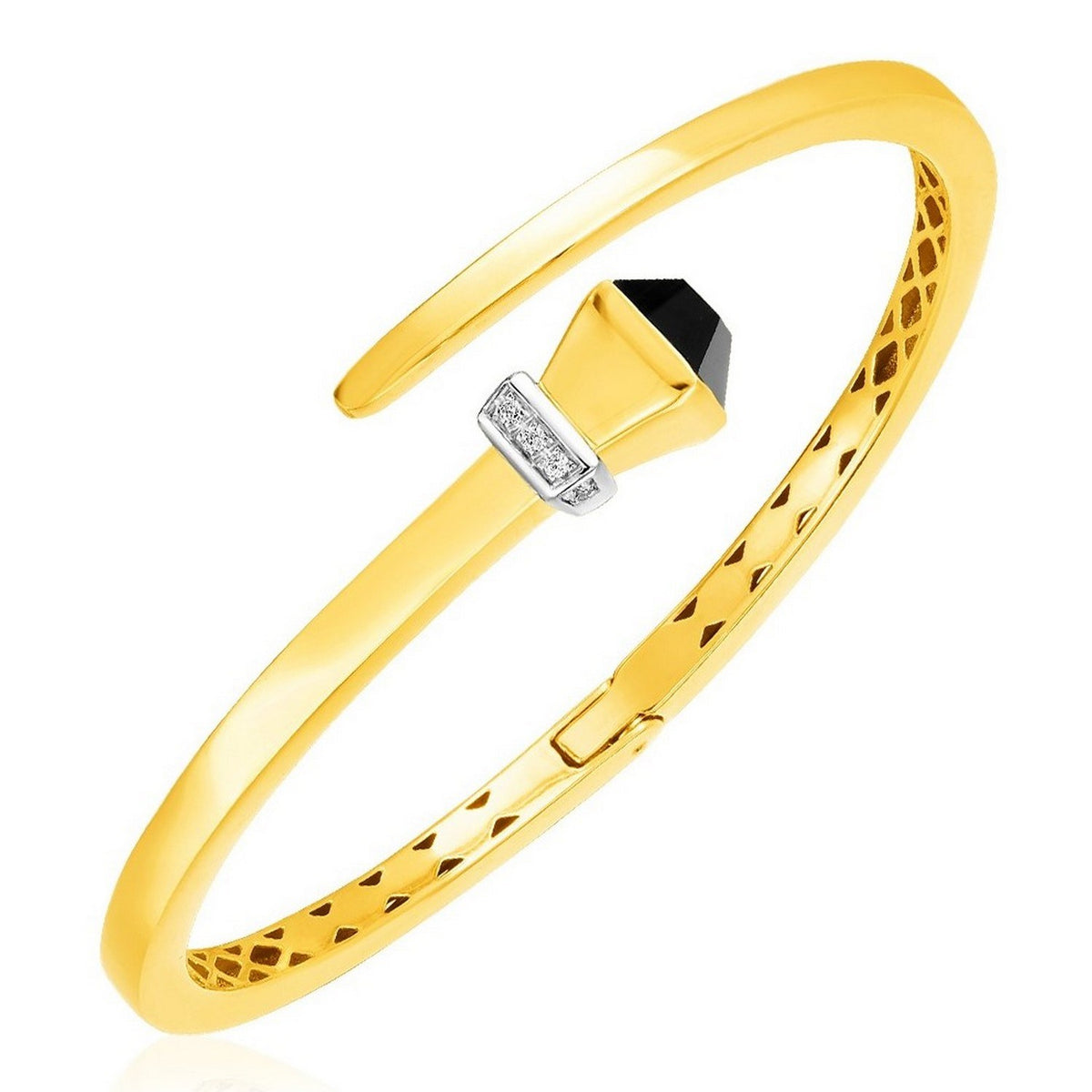 Black Onyx & Diamond Crossover Bangle in 14K Yellow Gold