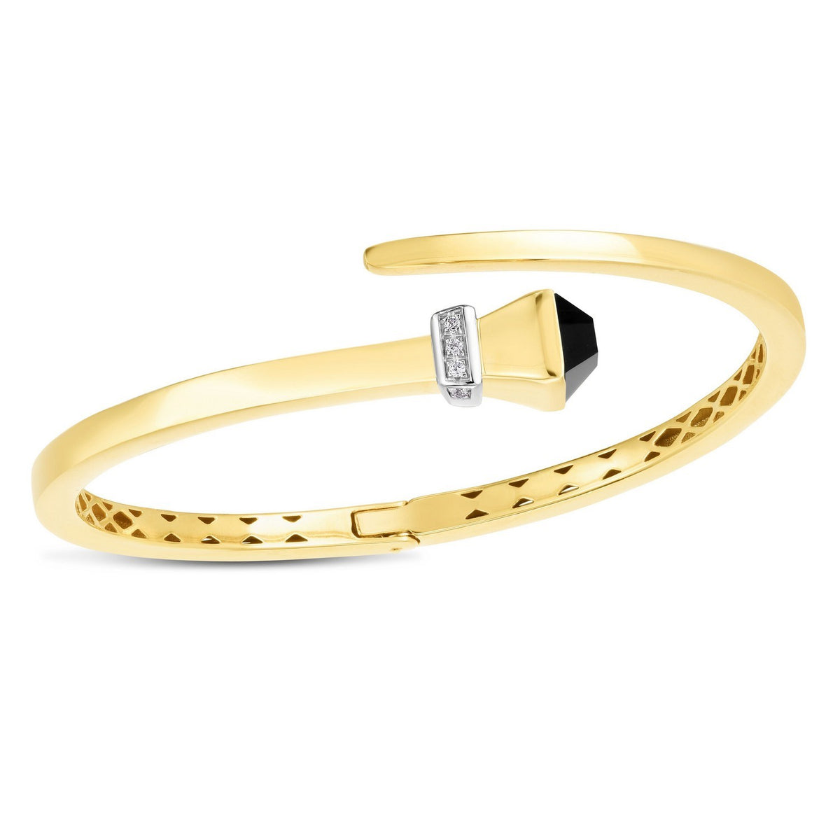 Black Onyx & Diamond Crossover Bangle in 14K Yellow Gold