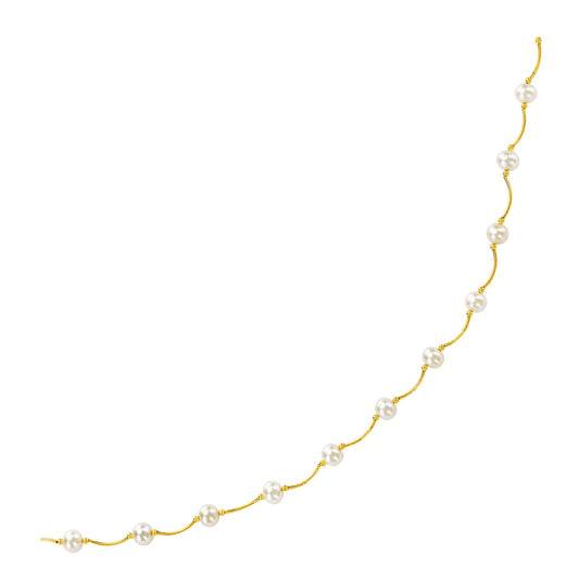 Pearl and Arc Link Necklace in 14K Yellow Gold
