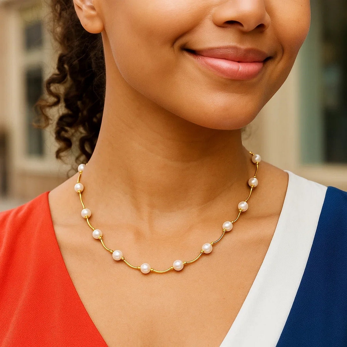 Pearl and Arc Link Necklace in 14K Yellow Gold, worn