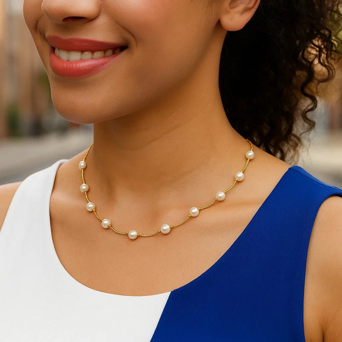 Pearl and Arc Link Necklace in 14K Yellow Gold, worn