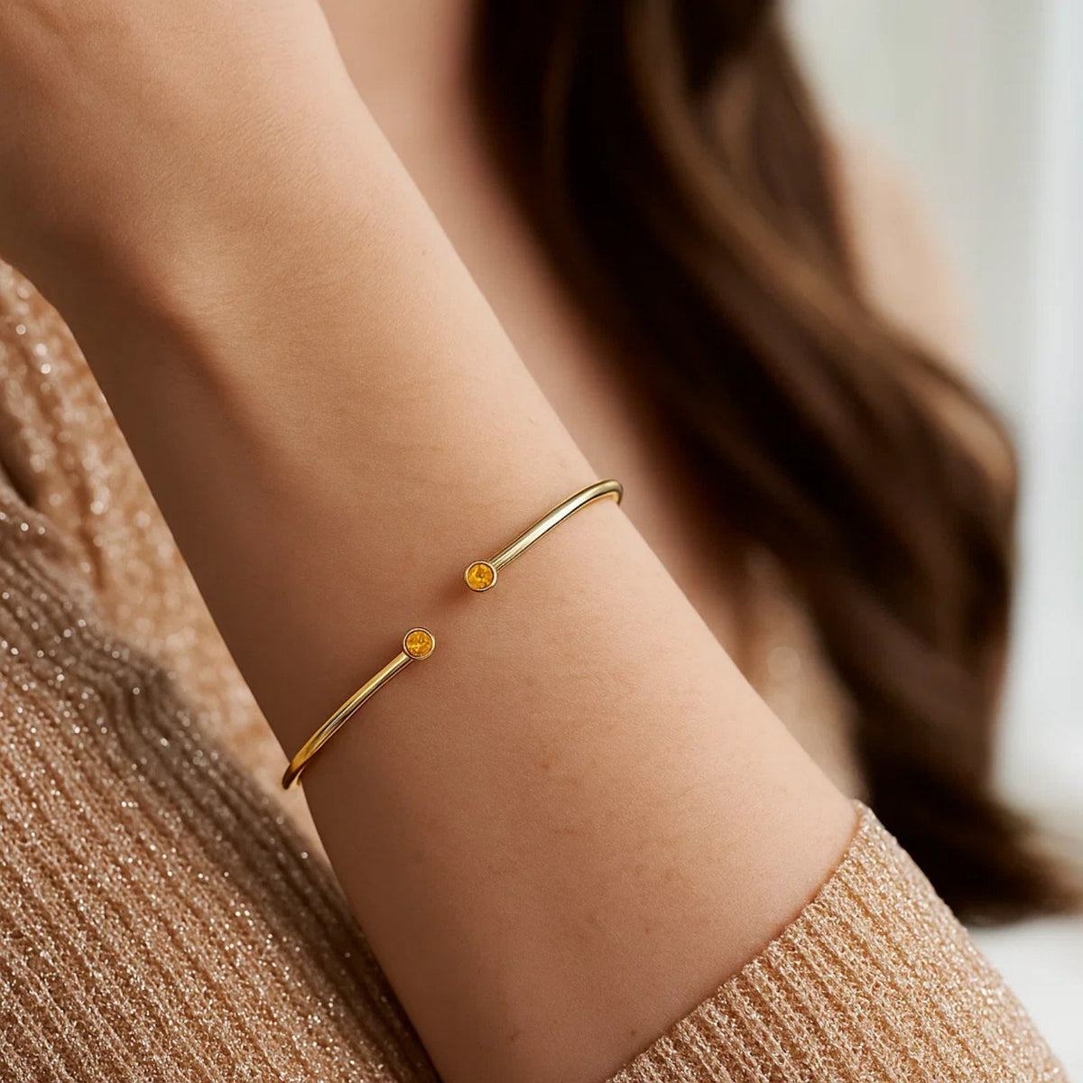 Citrine Open Cuff Bangle in 14K Yellow Gold (2.00 mm)