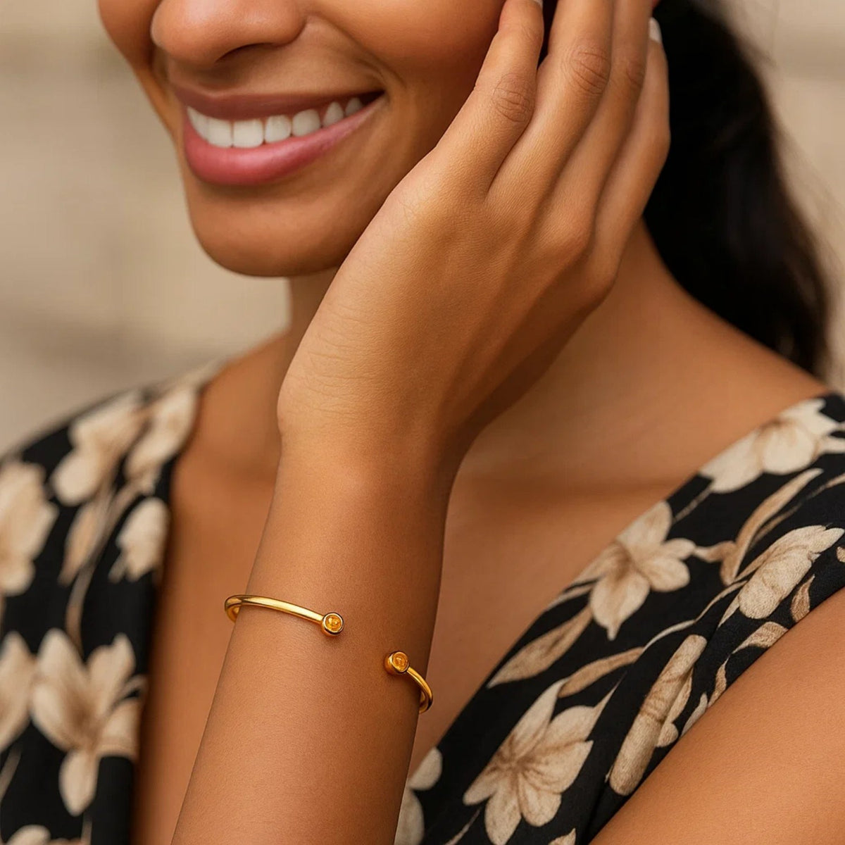 Citrine Open Cuff Bangle in 14K Yellow Gold (2.00 mm)