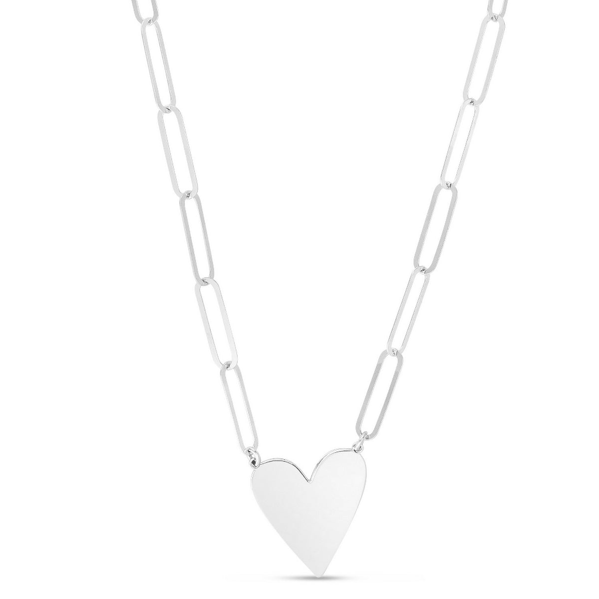 Heart Paperclip Link Necklace in Rhodium-Plated Sterling Silver