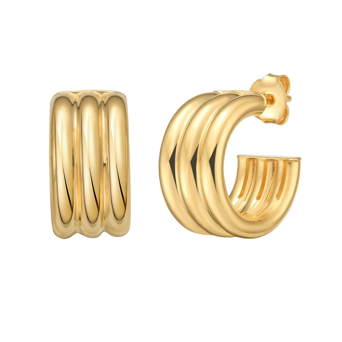 Triple Row C-Hoop Earrings in Yellow Gold-Plated Silver