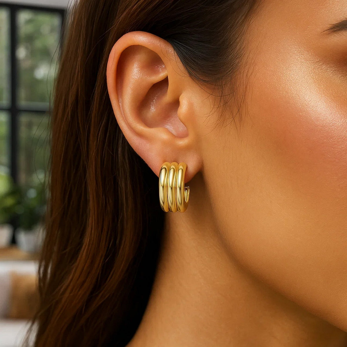 Triple Row C-Hoop Earrings in Yellow Gold-Plated Silver