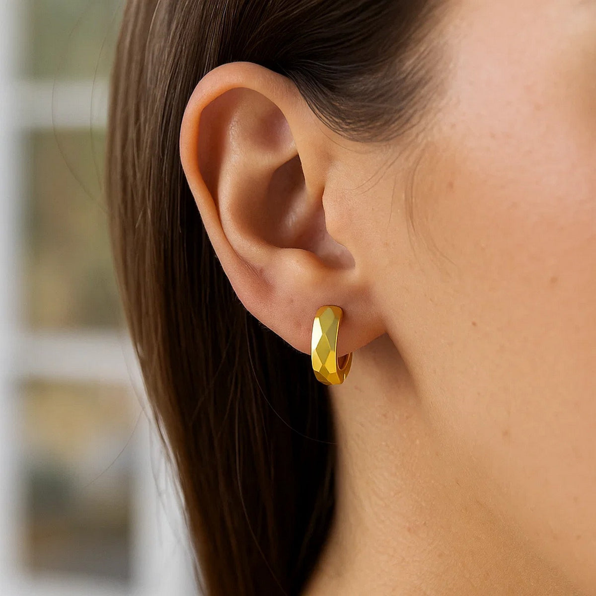 Faceted Huggie Hoop Earrings in 14K Yellow Gold, worn
