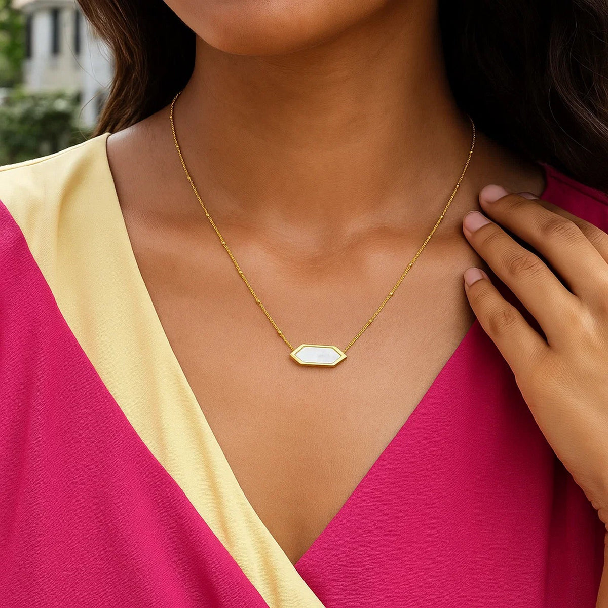 Hexagon Mother of Pearl Necklace in 14K Yellow Gold, worn