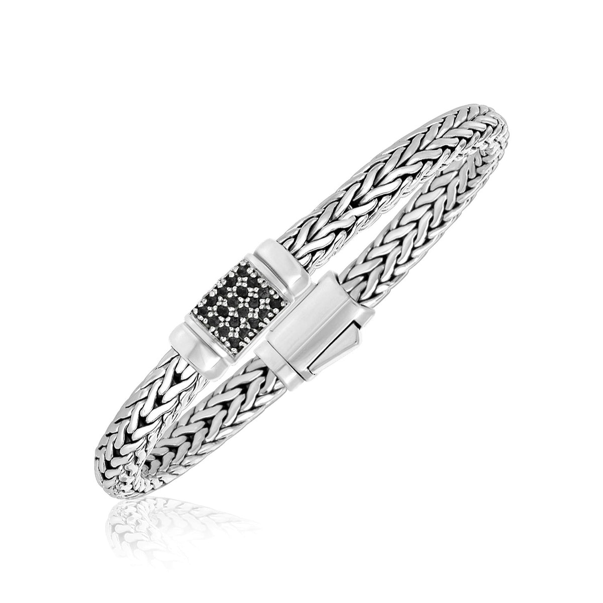 Weave Style Bracelet with Black Sapphire Accents in Silver (7.10 mm)