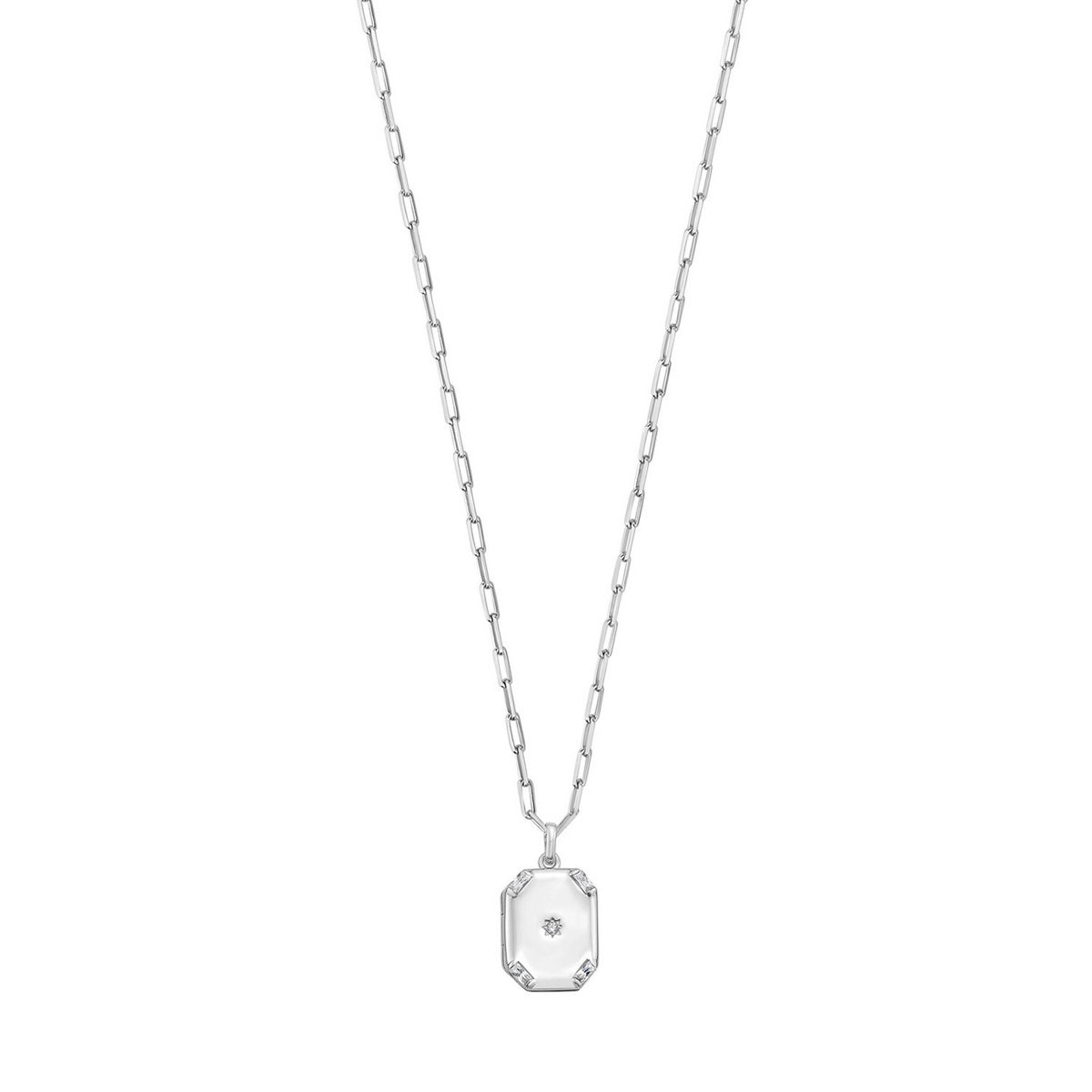 CZ Octagonal Star Locket Necklace in Rhodium-Plated Sterling Silver