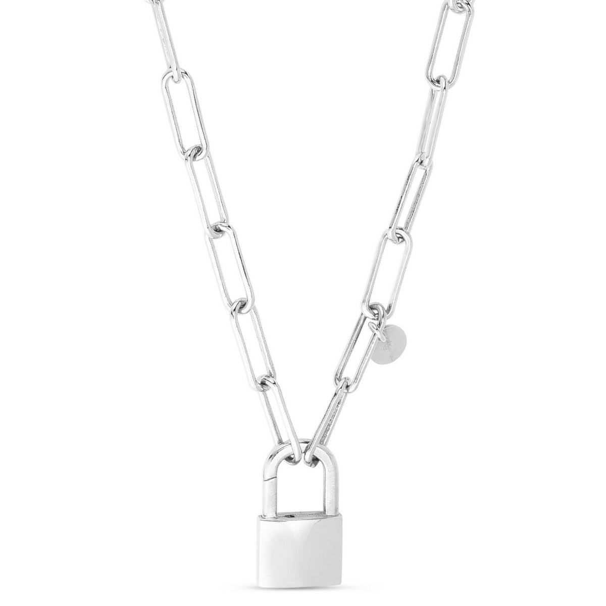 Lock Paperclip Link Necklace in Rhodium-Plated Sterling Silver
