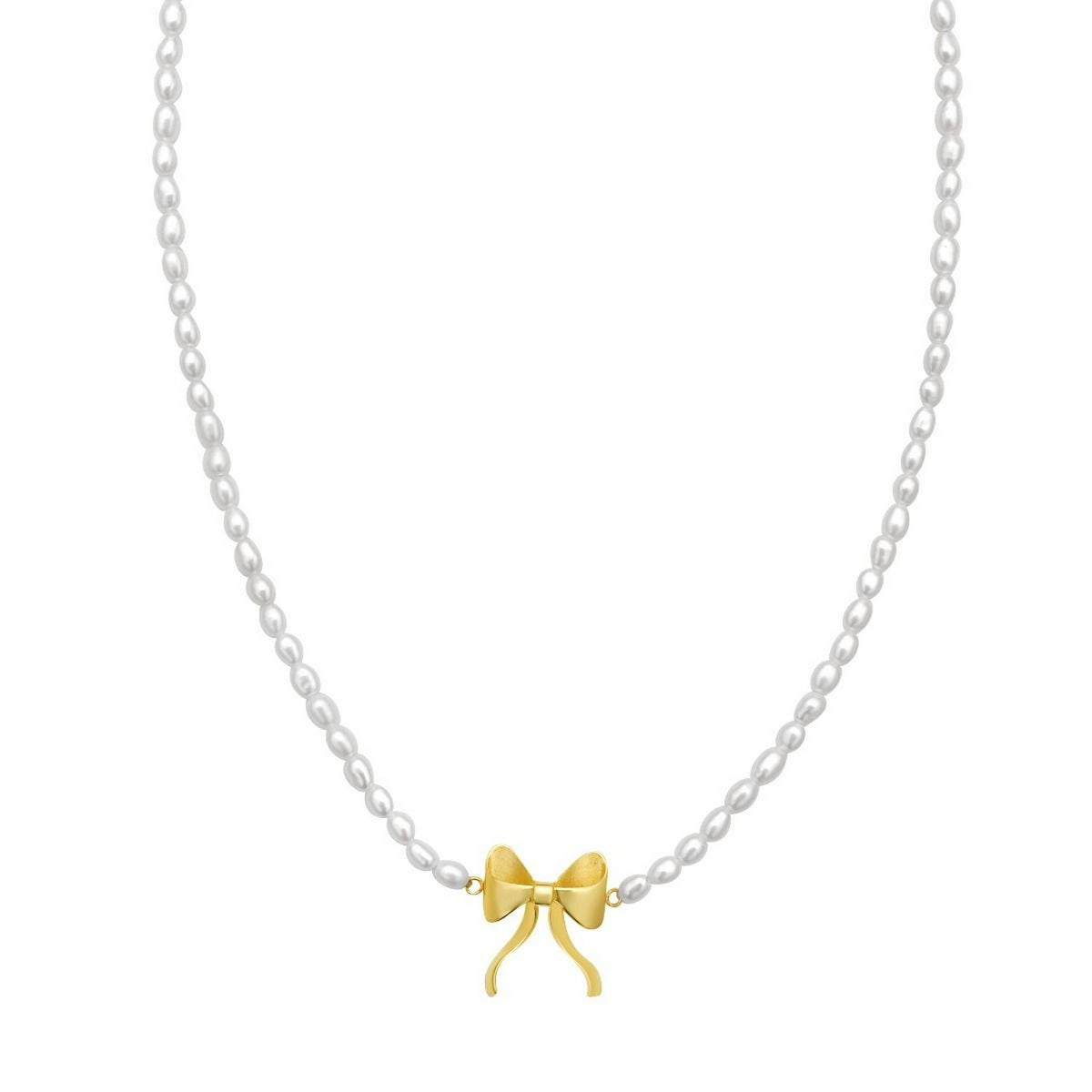 Pearl Strand Necklace with Gold Bow in 14K Yellow Gold