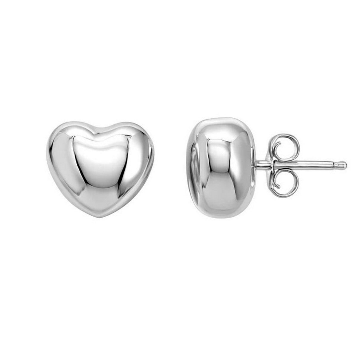 Puffed Small Heart Stud Earrings in Rhodium-Plated Sterling Silver