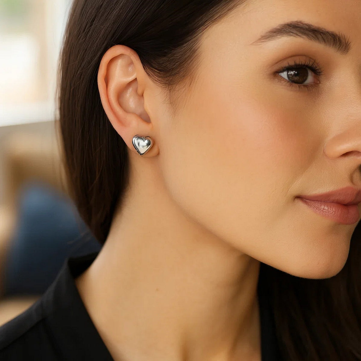 Puffed Small Heart Stud Earrings in Rhodium-Plated Sterling Silver