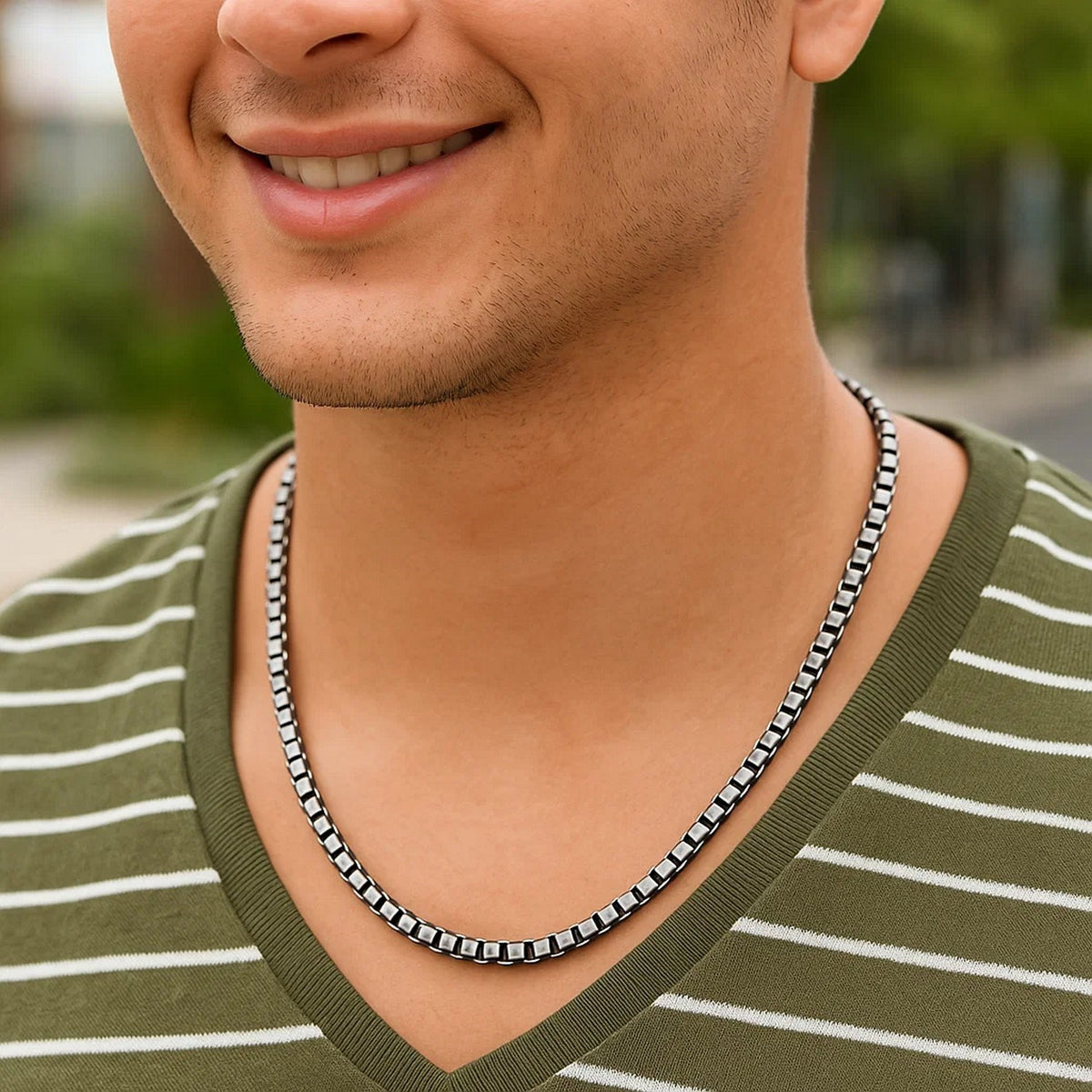 Round Box Chain Necklace with Gunmetal Finish in Silver
