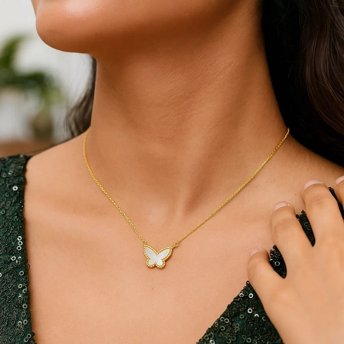 Mother of Pearl Butterfly Necklace in 14K Yellow Gold
